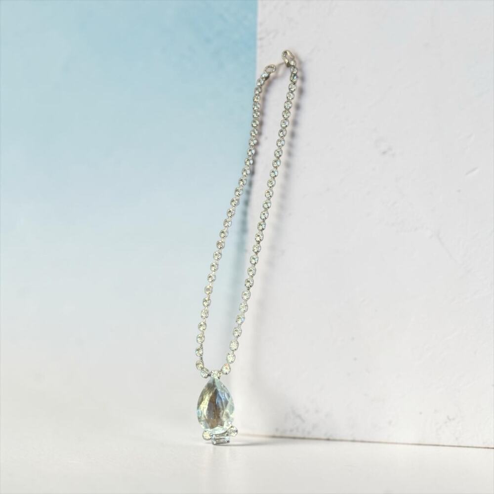 Vintage Rhinestone Necklace Teardrop Pendant Crystal Silver Tone Bridal Glam